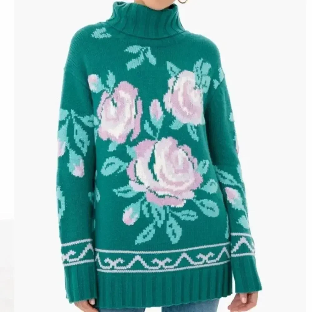 Tuckernuck Juniper Green Dahlia Turtleneck Sweater XS Floral Intarsia Knit NWT